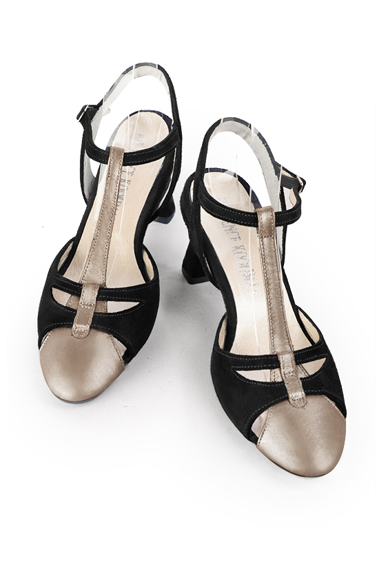 Tan beige and matt black women's open back T-strap shoes. Round toe. Medium spool heels. Top view - Florence KOOIJMAN